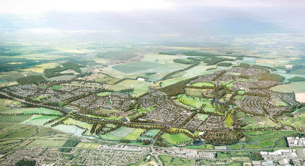 Aerial CGI image of the Gilston development