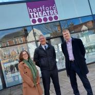 Pictured (left to right): Rebecca Butcher, Marketing & Digital Content Lead for Hertford Theatre; Eric Buckmaster, Executive Member for Wellbeing at East Herts Council and David Morford, Director at GPF Lewis outside Hertford Theatre