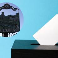 graphis of a polling box with paper being inserted - blue background and inserted into the background is a circle with a sign that shows the sign for Much Hadham