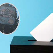 graphic of a polling box with oval insert in top left with photo of the main sign into Hunsdon
